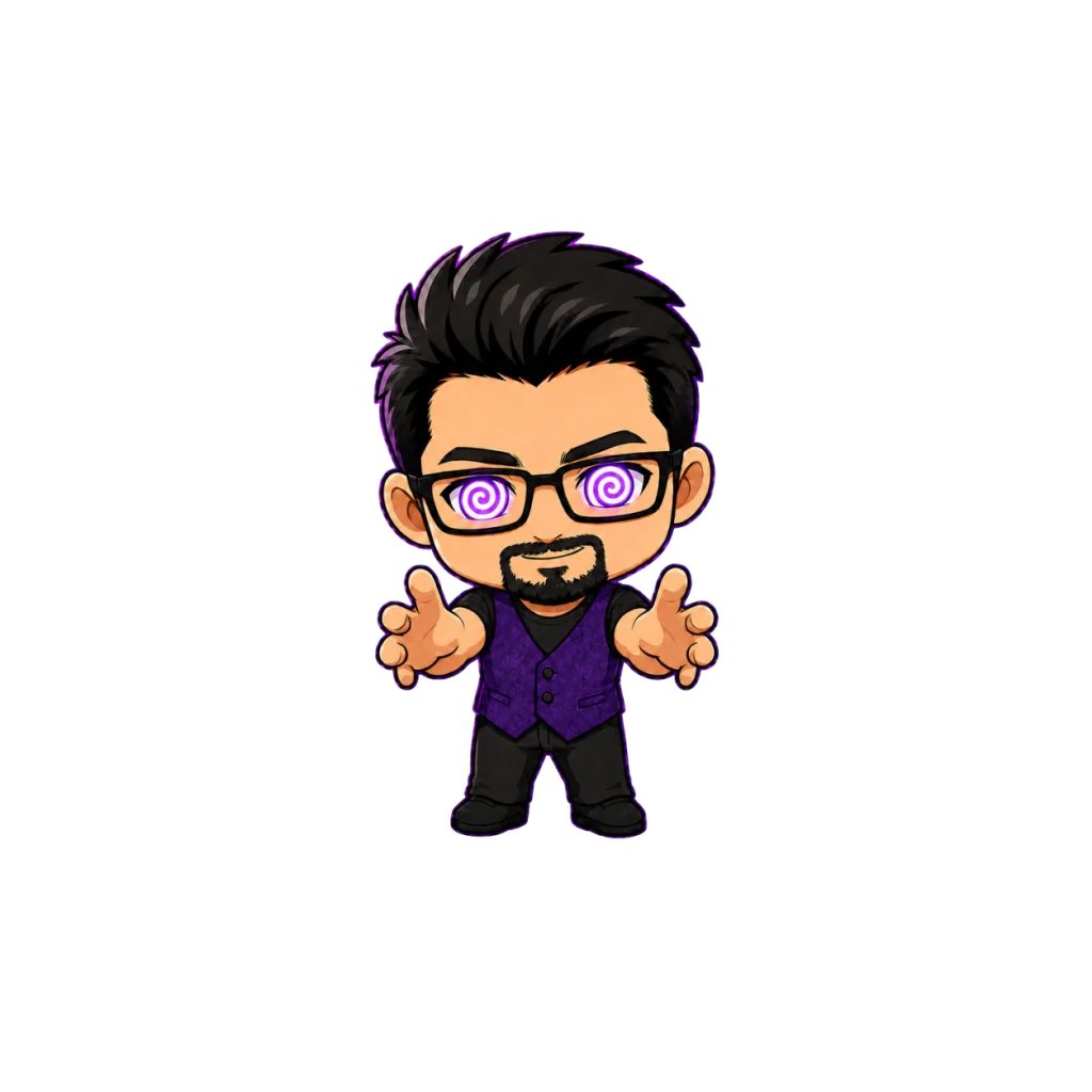 Illustration chibi de Nexus avec des spirales hypnotiques dans les yeux