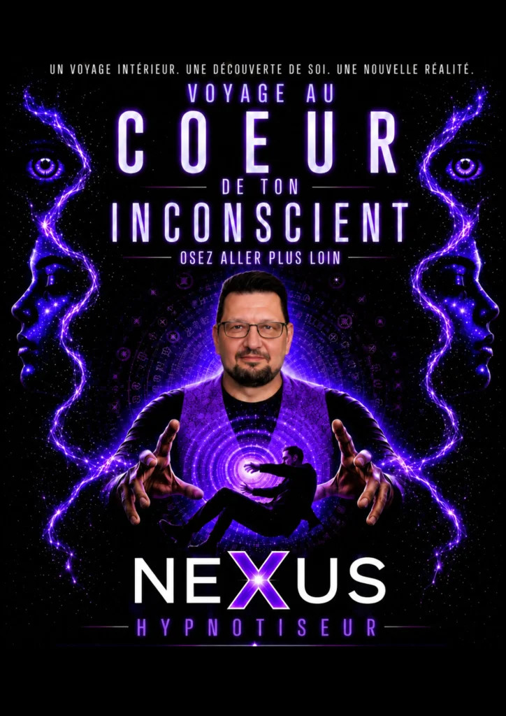 Affiche du spectacle d’hypnose Voyage au cœur de ton inconscient — Nexus Hypnotiseur